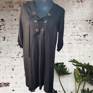 $10$ add on Dex NWT black cotton tunic midi dress with grommet &  tie neckline.